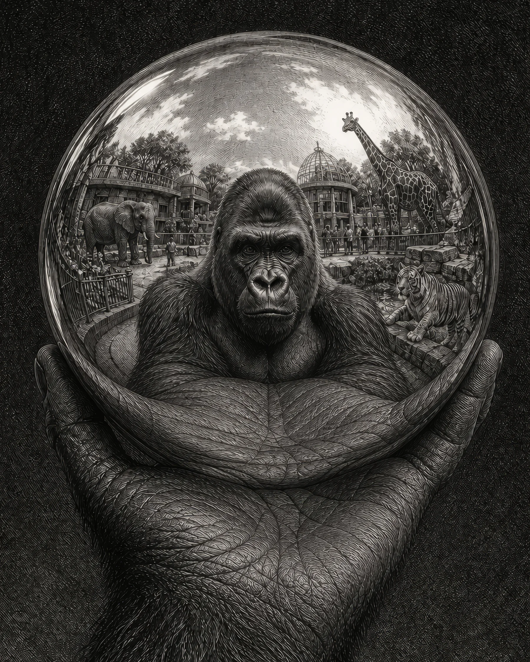 gorilla with reflecting sphere